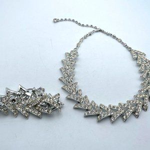 Vintage Sarah Coventry Women Silver Tone & Rhinestones Chevron Necklace Bracelet